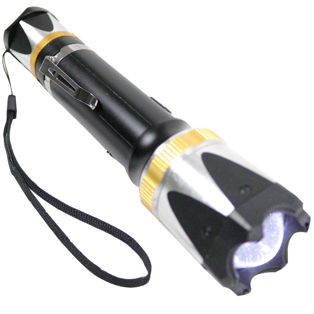 Defender Silver Gold Trim Tactical 10 Million Flashlight Style LED Stun Gun