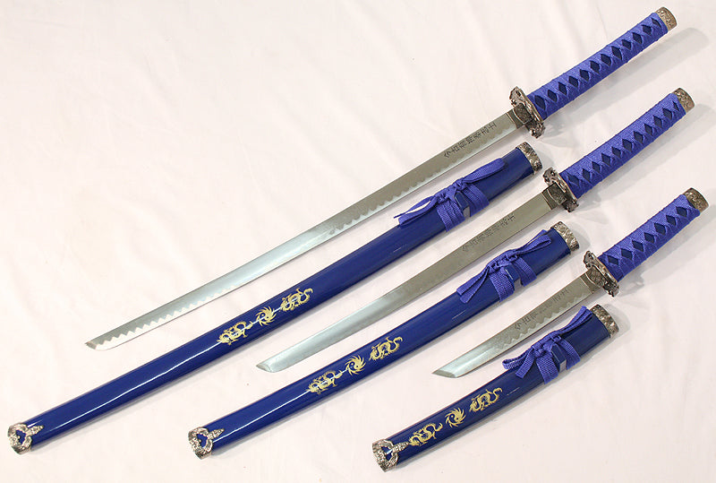 3 Pc Blue Katana Ying Yang symbol Sword Set