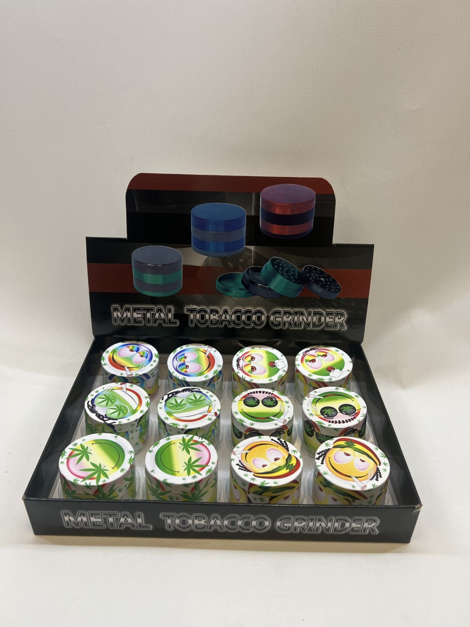 50MM MIX DESIGNS METAL GRINDER BOX OF 12CT