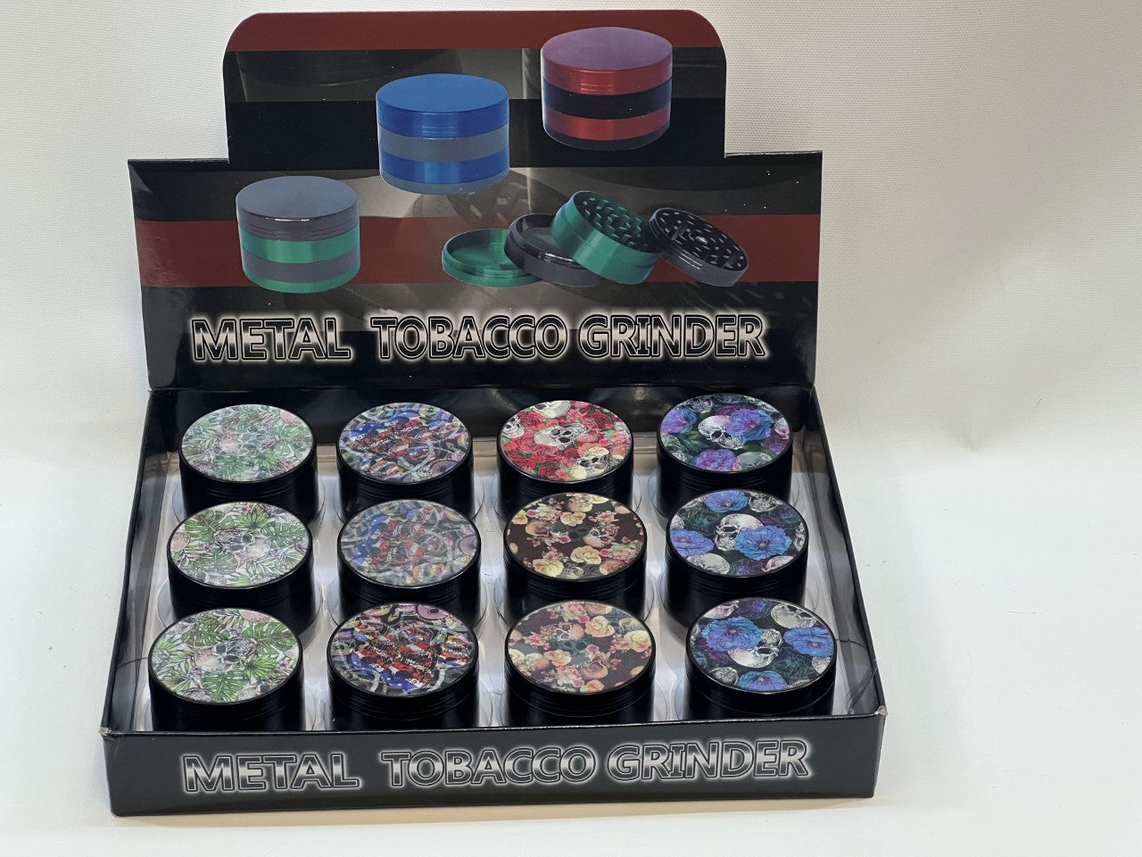 50MM MIX DESIGNS METAL GRINDER BOX OF 12CT