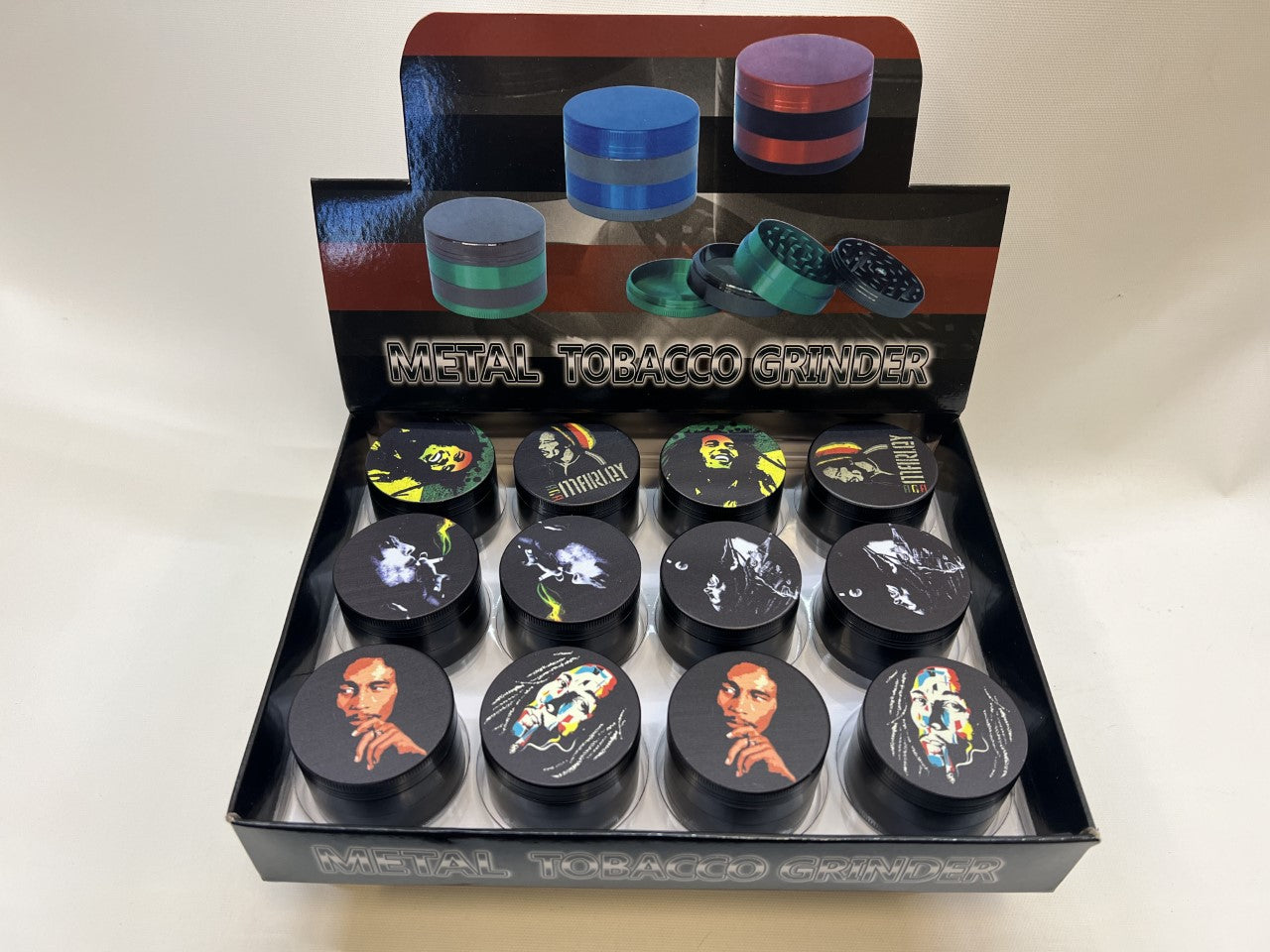 50MM MIX DESIGNS METAL GRINDER BOX OF 12CT