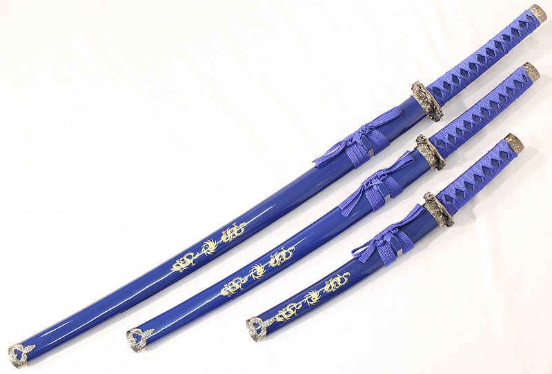 3 Pc Blue Katana Ying Yang symbol Sword Set
