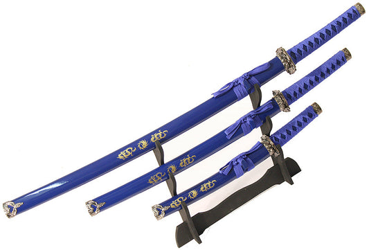 3 Pc Blue Katana Ying Yang symbol Sword Set